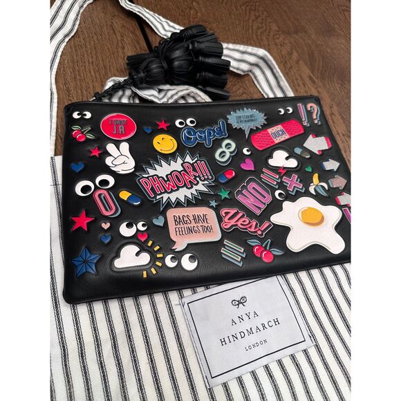 Anya Hindmarch Georgiana All Over Wink Sticker Clutch Bag Black Leather - Picture 1 of 9